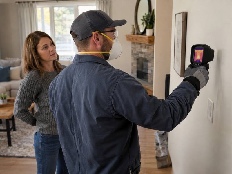 Insulation contractor checking a wall with a thermal camera while an Innisfil homeowner looks on