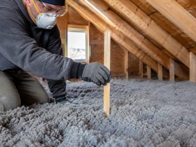 Installer checking blown-in depth against a ruler in an Innisfil attic