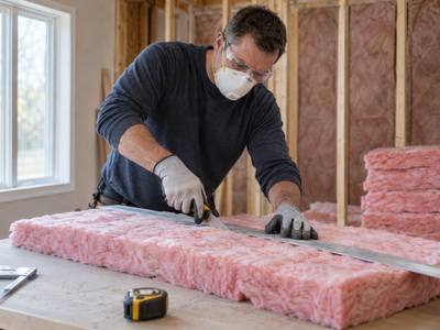 Batt insulation cut to length on a work table in an Innisfil house