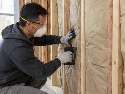 Kraft-faced batts being stapled into an exterior wall in Innisfil