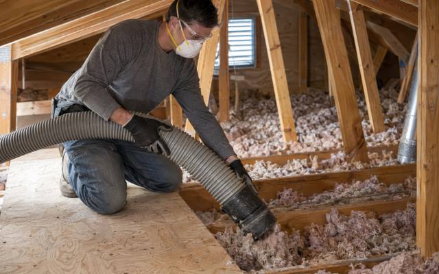 Old attic insulation being vacuumed out through a removal hose in Innisfil, Ontario