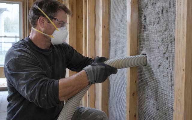 Dense-pack cellulose wall insulation being blown behind netting in Innisfil, Ontario