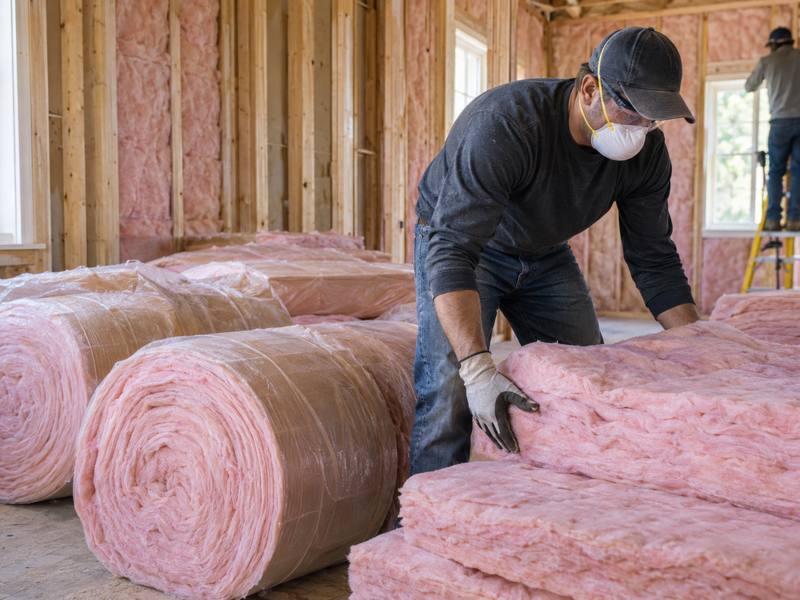 Rolls of fiberglass batt insulation ready to install in a framed Innisfil house